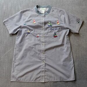 The Quacker Factory Sailboat Embroidered Striped Shirt Blue White Women Small‎